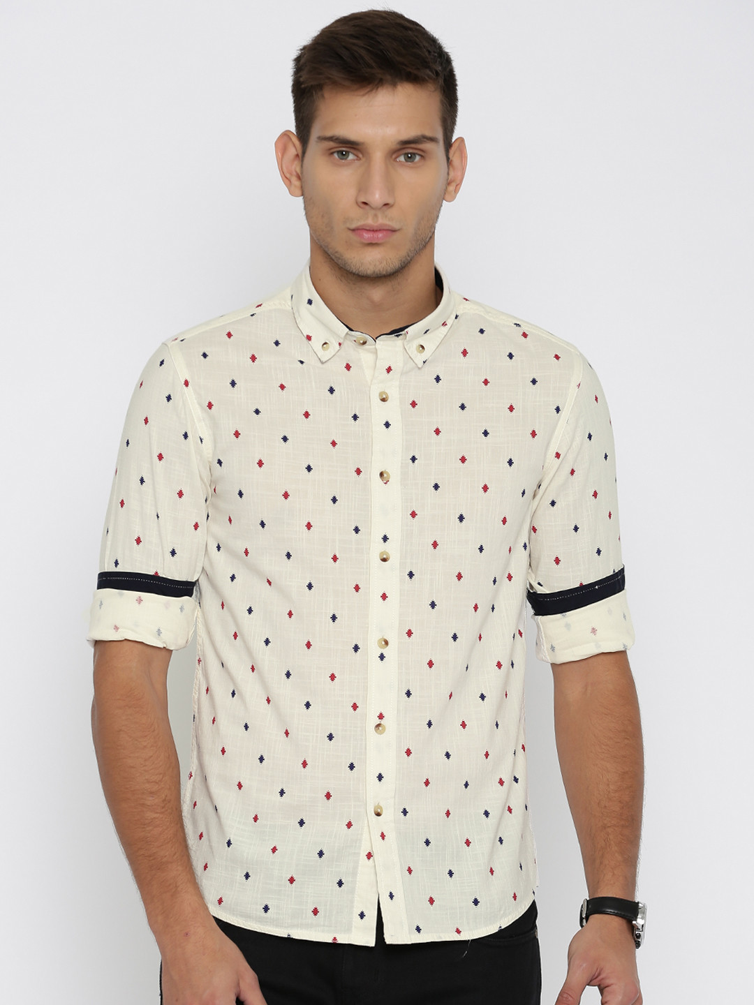 Buy People Men Cream Coloured Slim Fit Printed Casual Shirt Shirts