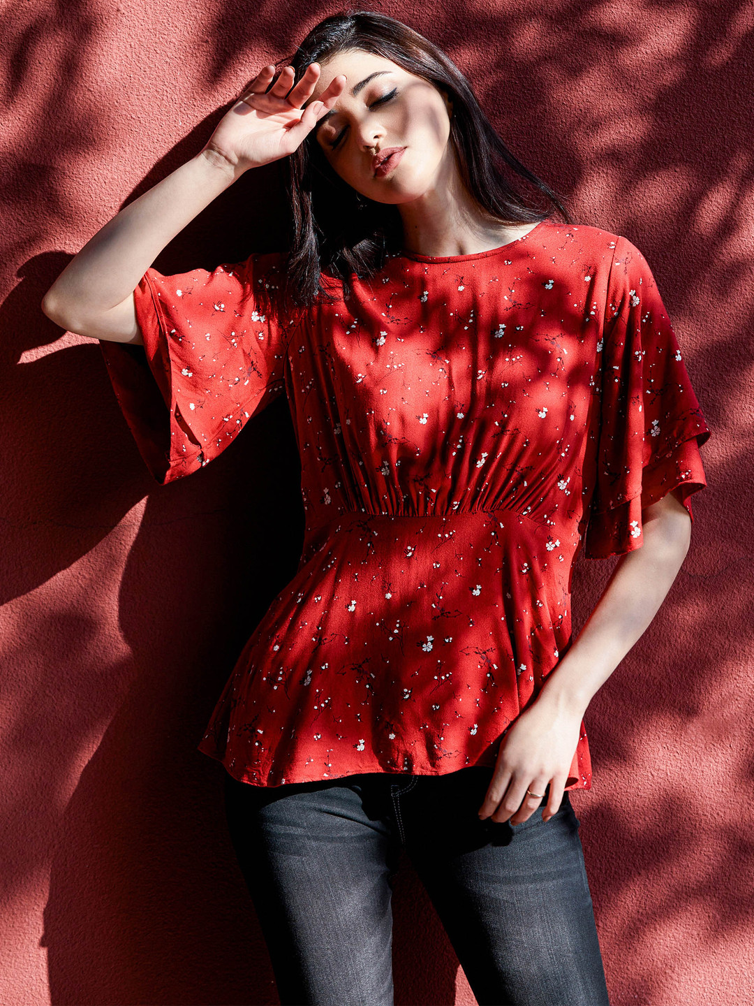 Black & Pink Printed Cinched Waist Top