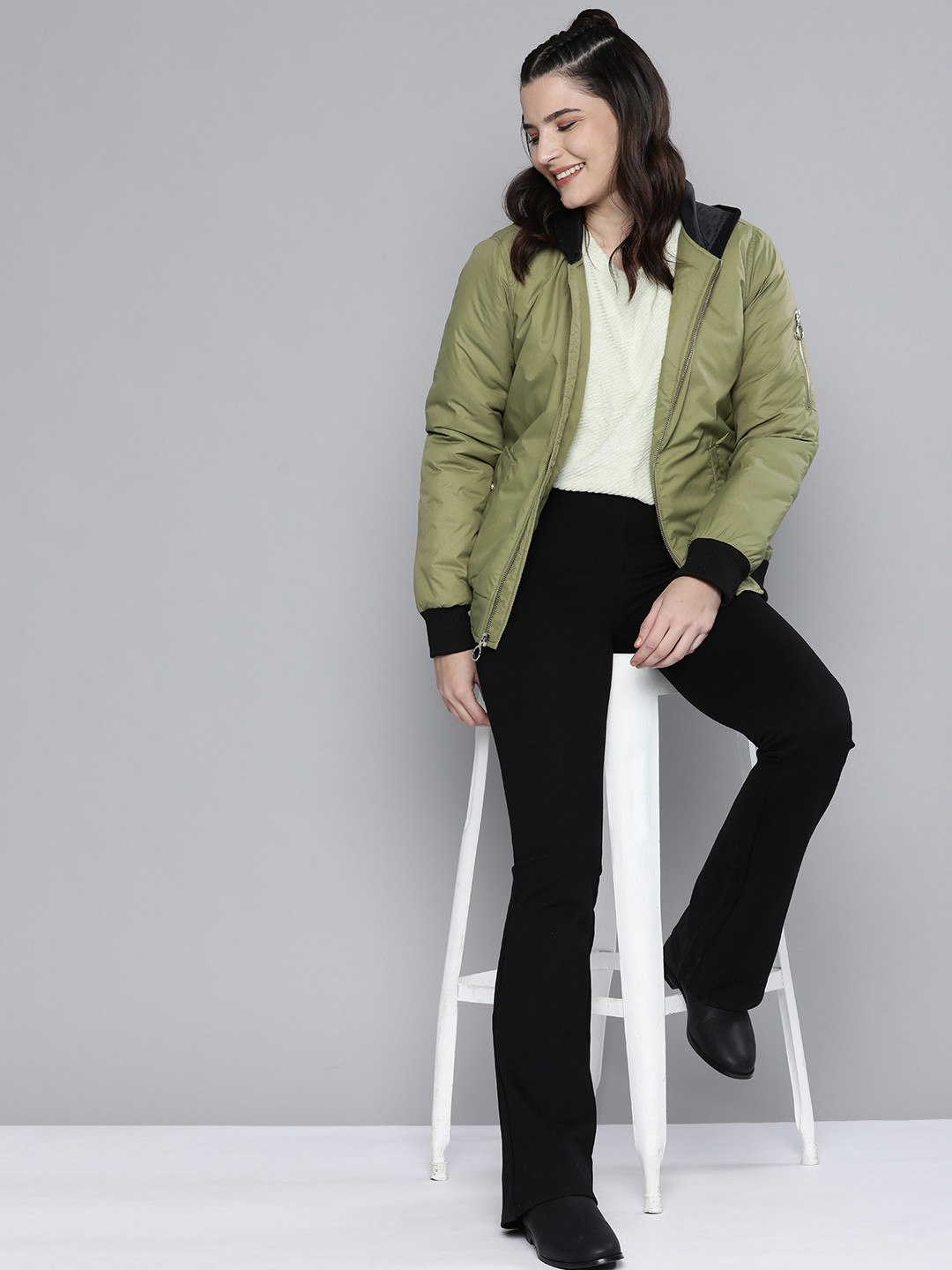 Buy HERE&NOW Women Olive Green Puffer Jacket Jackets for Women