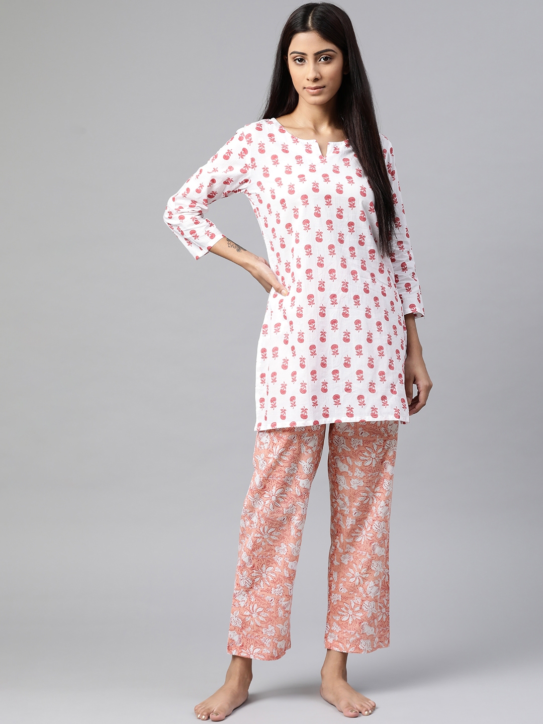 Buy Vasudha Women White & Peach Coloured Ethnic Motifs Print Cotton ...