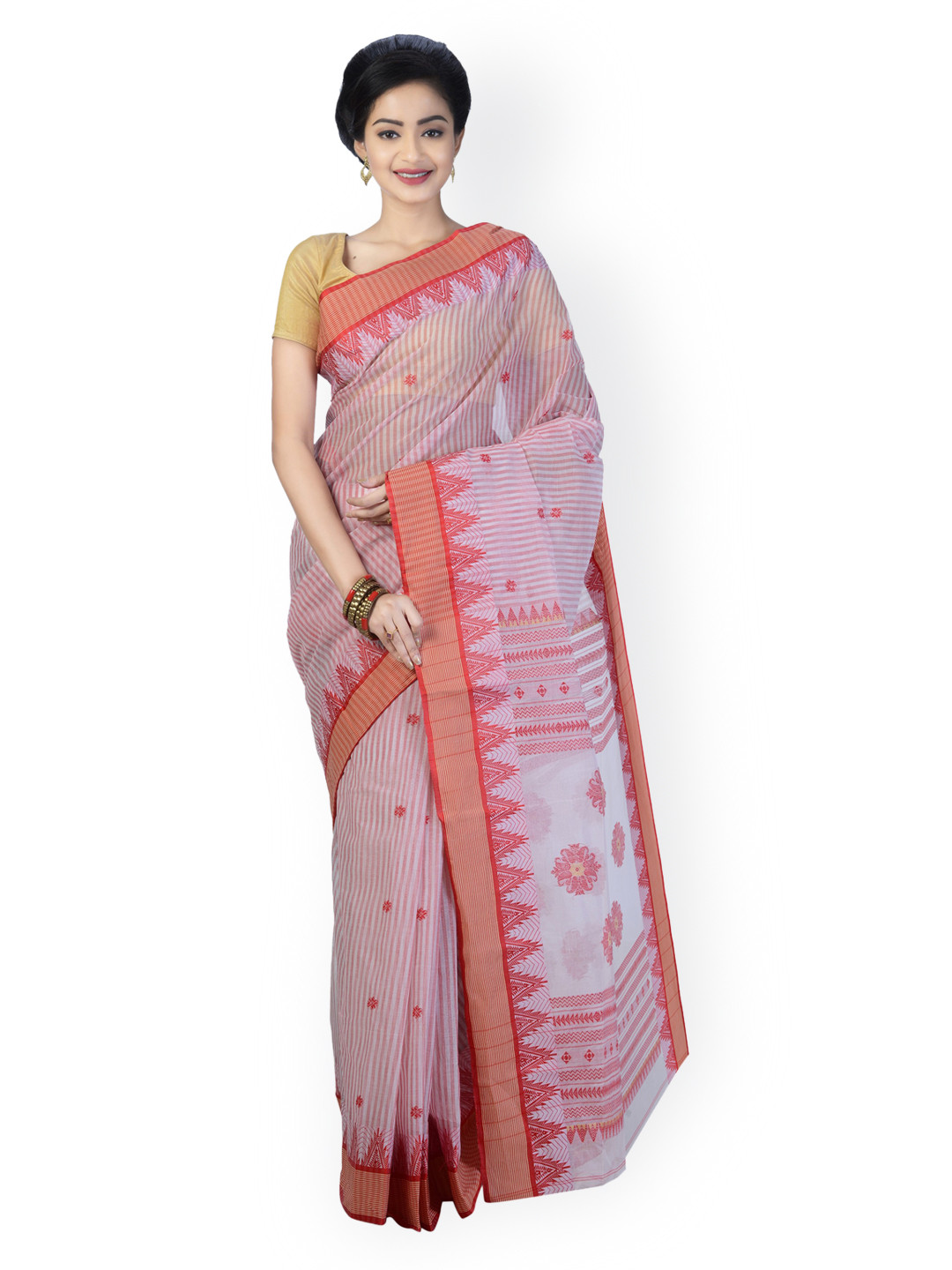 Buy Sangam Kolkata White & Red Bengal Handloom Cotton Traditional Saree