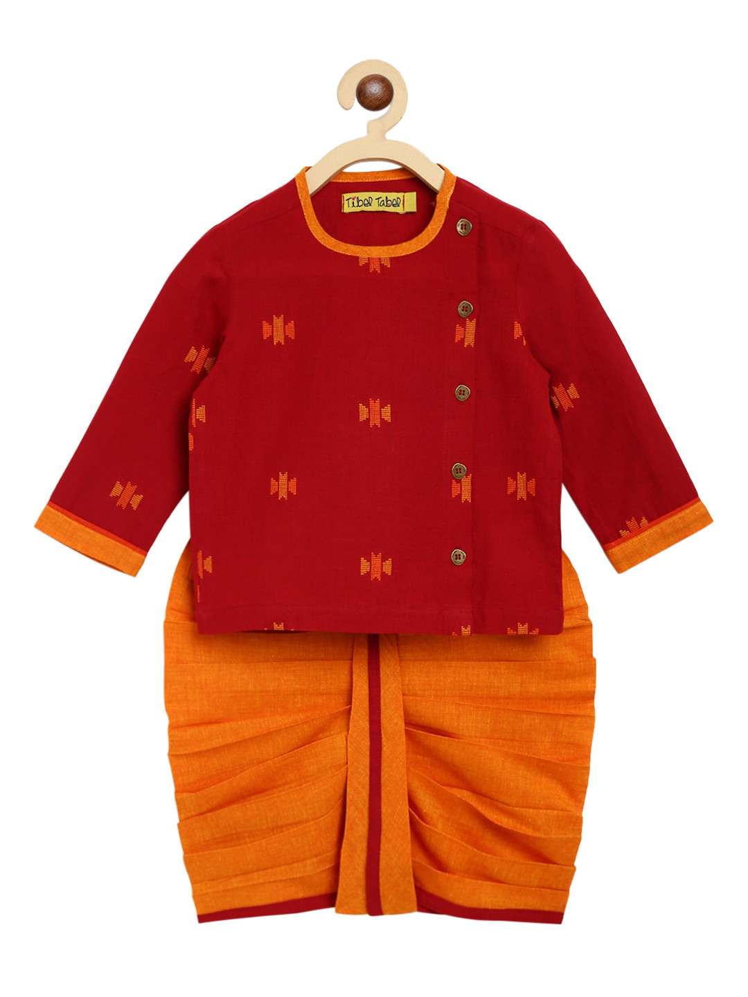 Boys Orange Angrakha Pure Cotton Kurti With Dhoti Pants