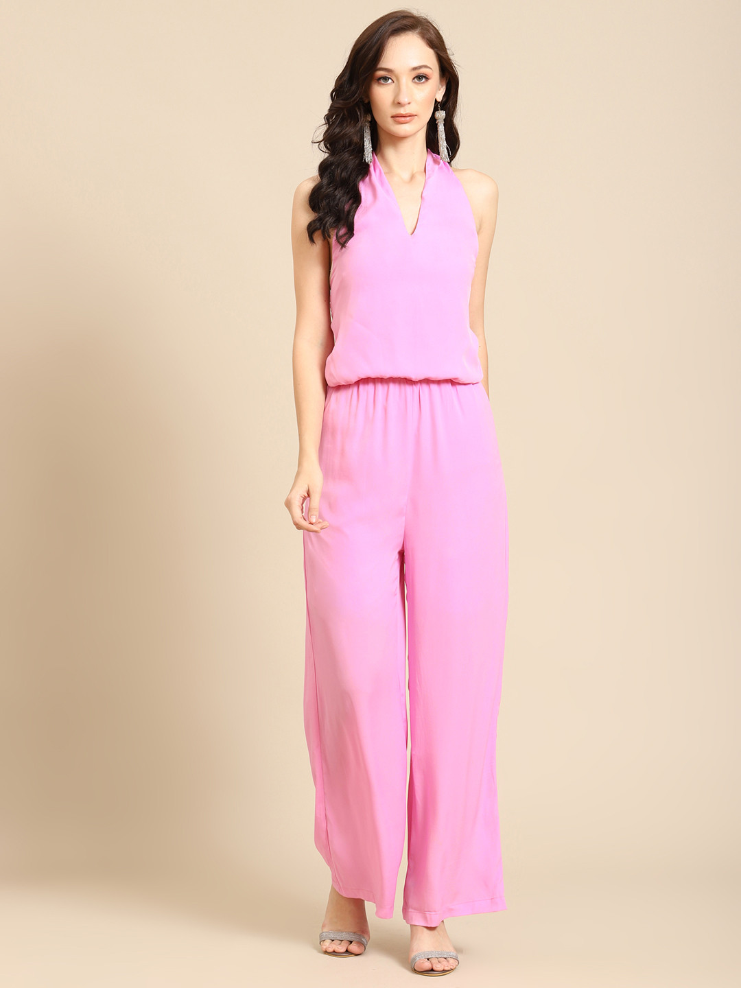 Buy DODO & MOA Pink Solid Halter Neck Basic Jumpsuit Jumpsuit for