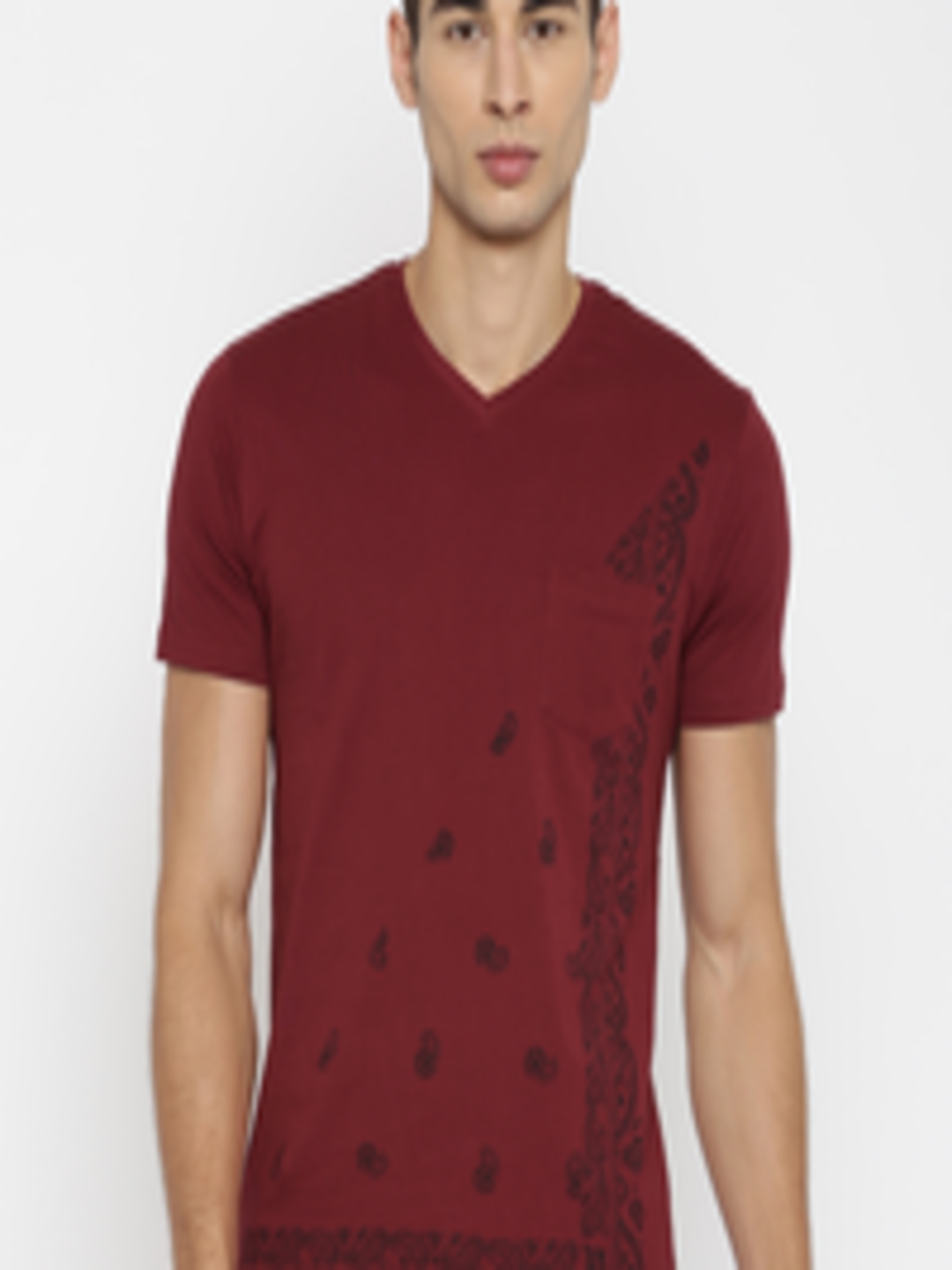 Buy LOCOMOTIVE Men Maroon Printed V Neck Pure Cotton T Shirt - Tshirts ...