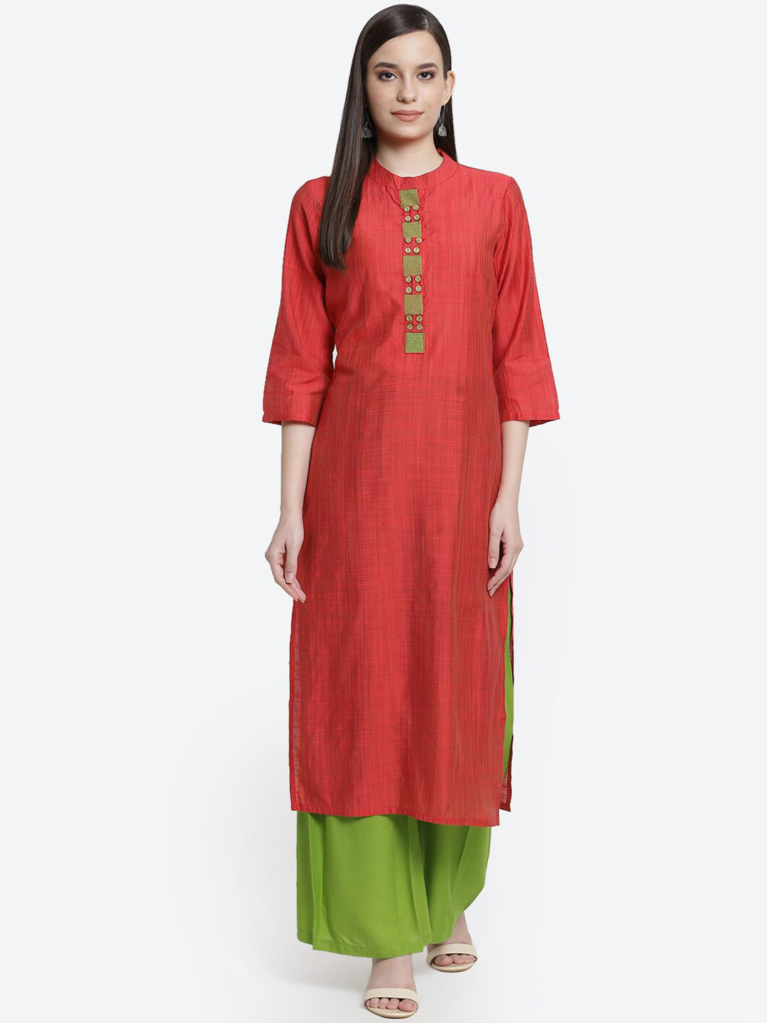 Buy Kurti's By Menka Women Coral Flared Sleeves Thread Work Anarkali