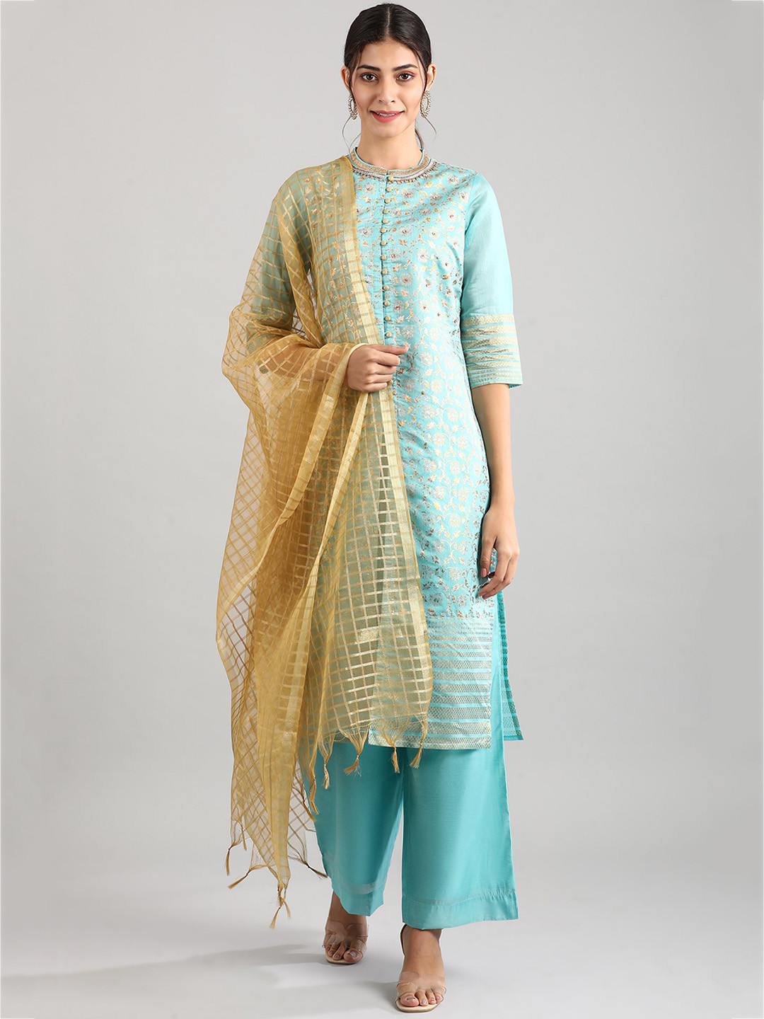 Women's Ethnic Solid Blue Straight Kurta Set with Dupatta