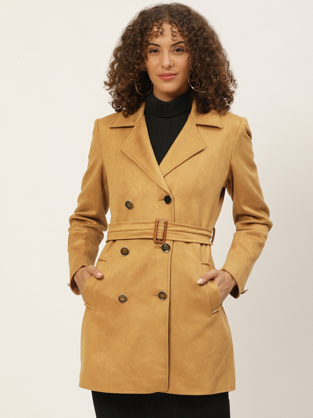 Buy Okane Women Mustard Brown Solid Suede Pea Coat With Belt Coats
