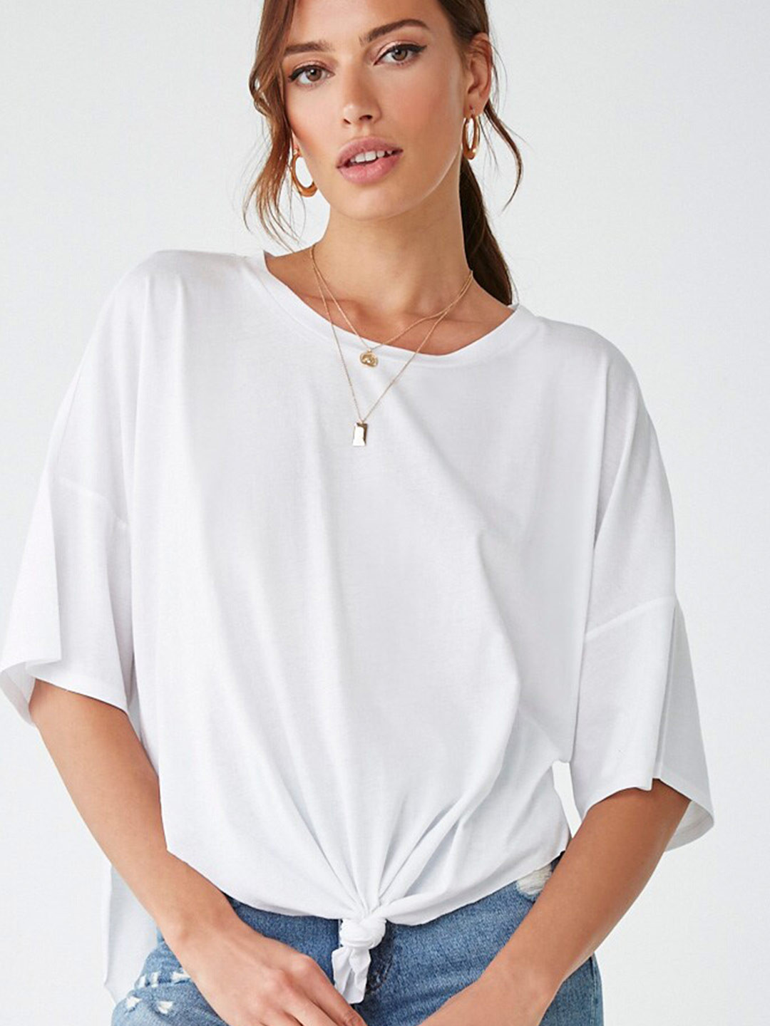 Buy FOREVER 21 White Extended Sleeves Knotted Raw Cut High Low Top