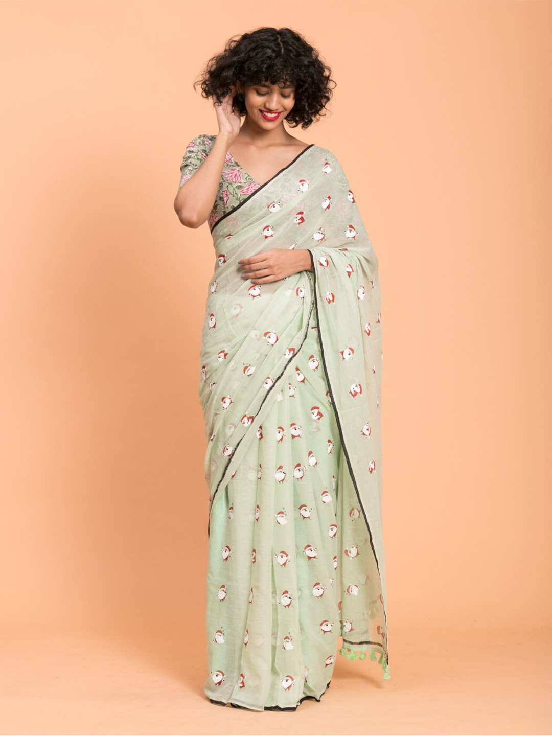 Buy Suta Green & Red Santa Clause Printed Pure Cotton Saree - Sarees