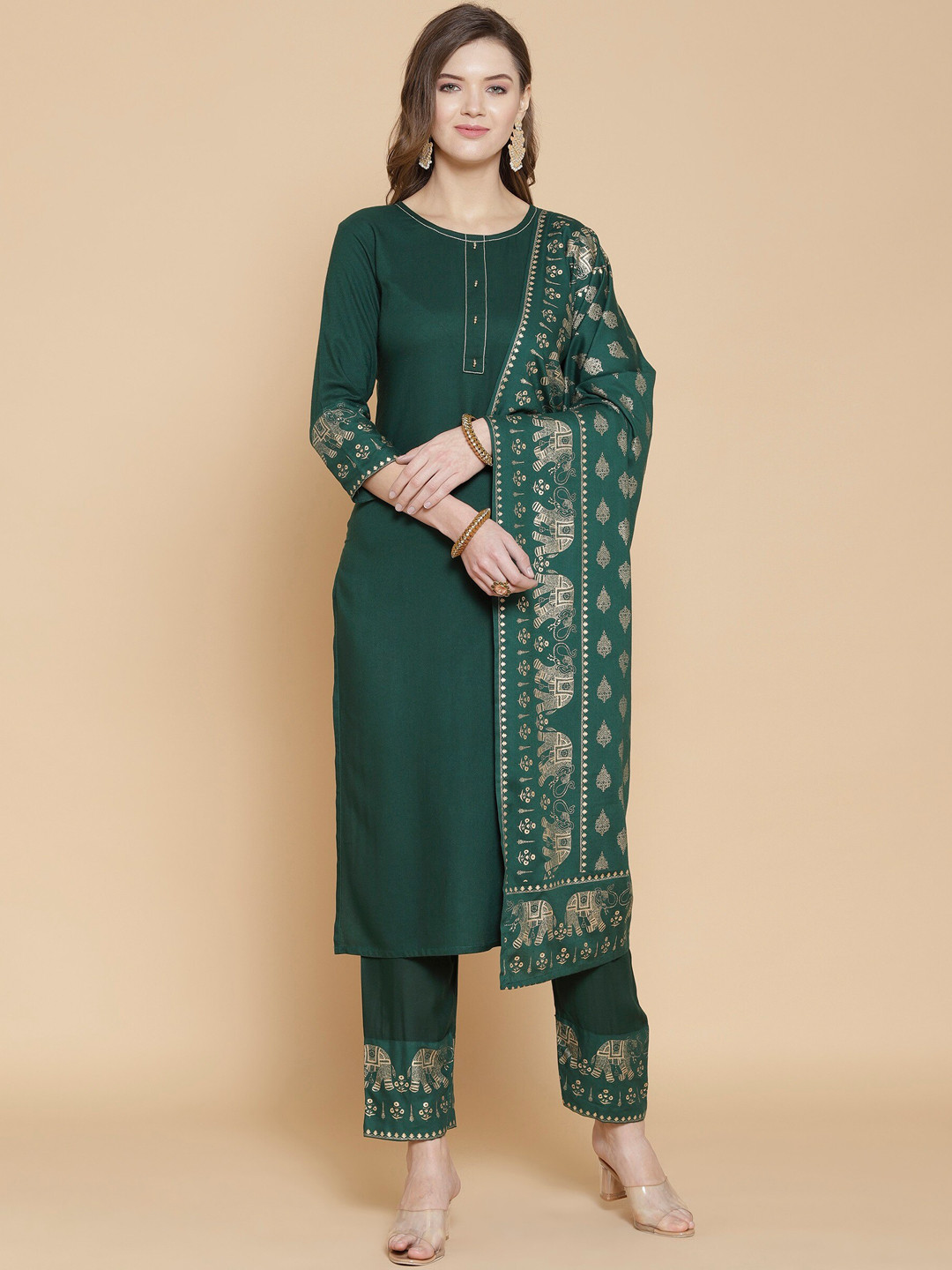 Buy KALINI Women Green Ethnic Motifs Printed Panelled Kurta With