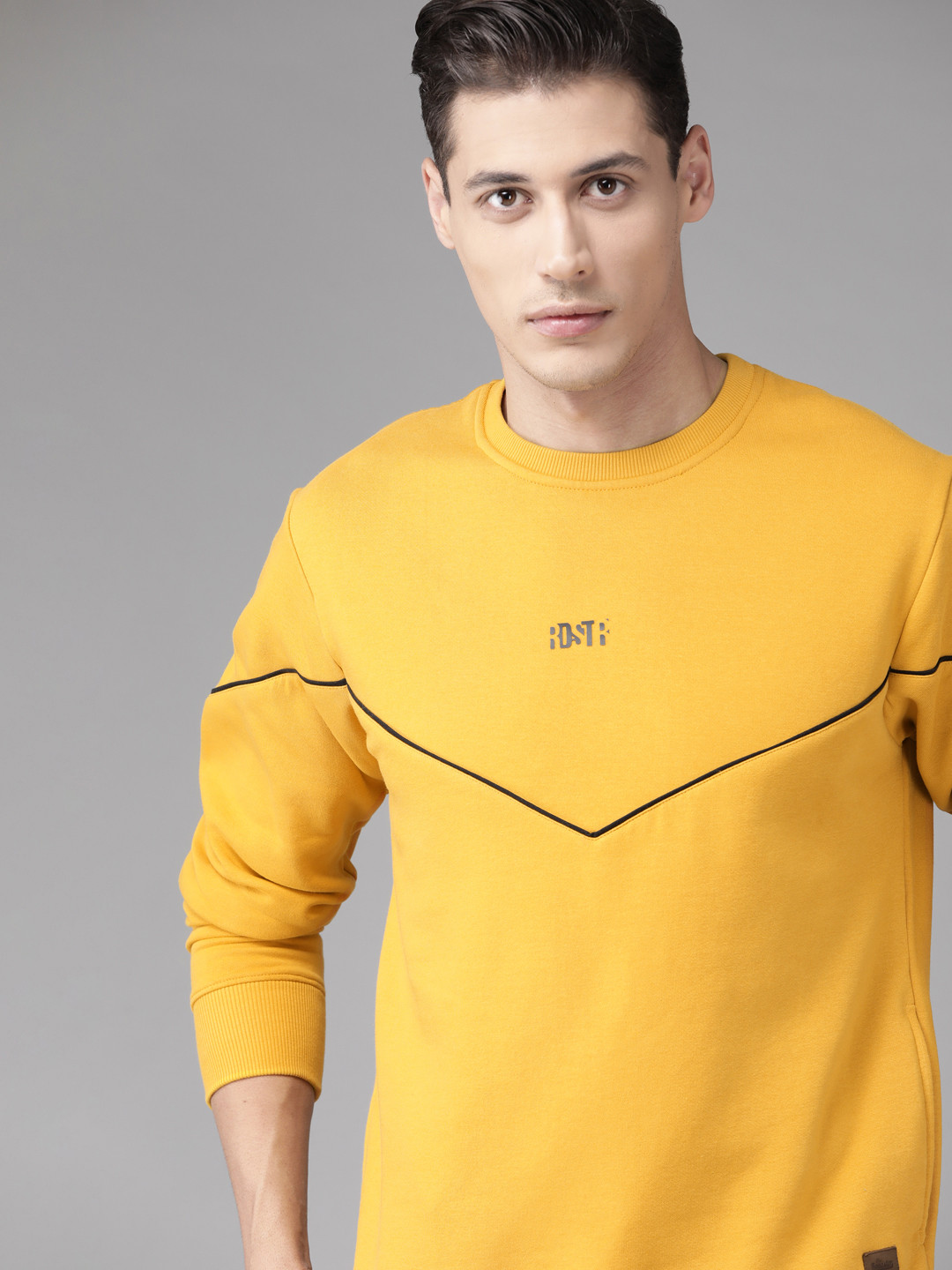 Buy Roadster Men Mustard Yellow Solid Sweatshirt With Taping Detail