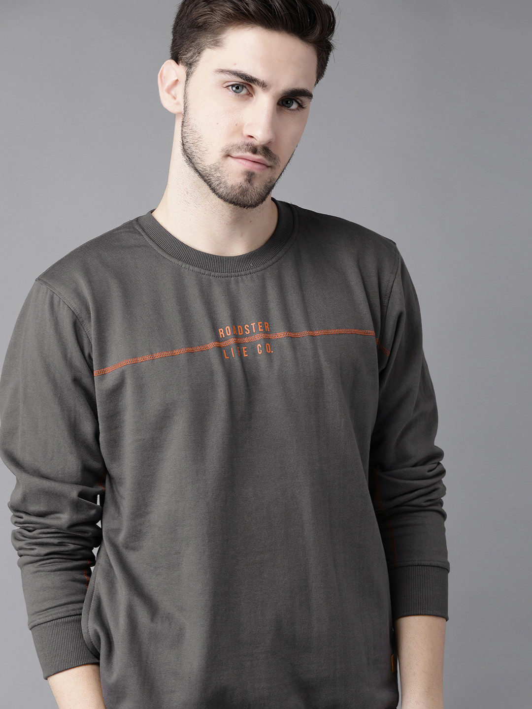 Buy Roadster Men Charcoal Grey Printed Detail Sweatshirt Sweatshirts