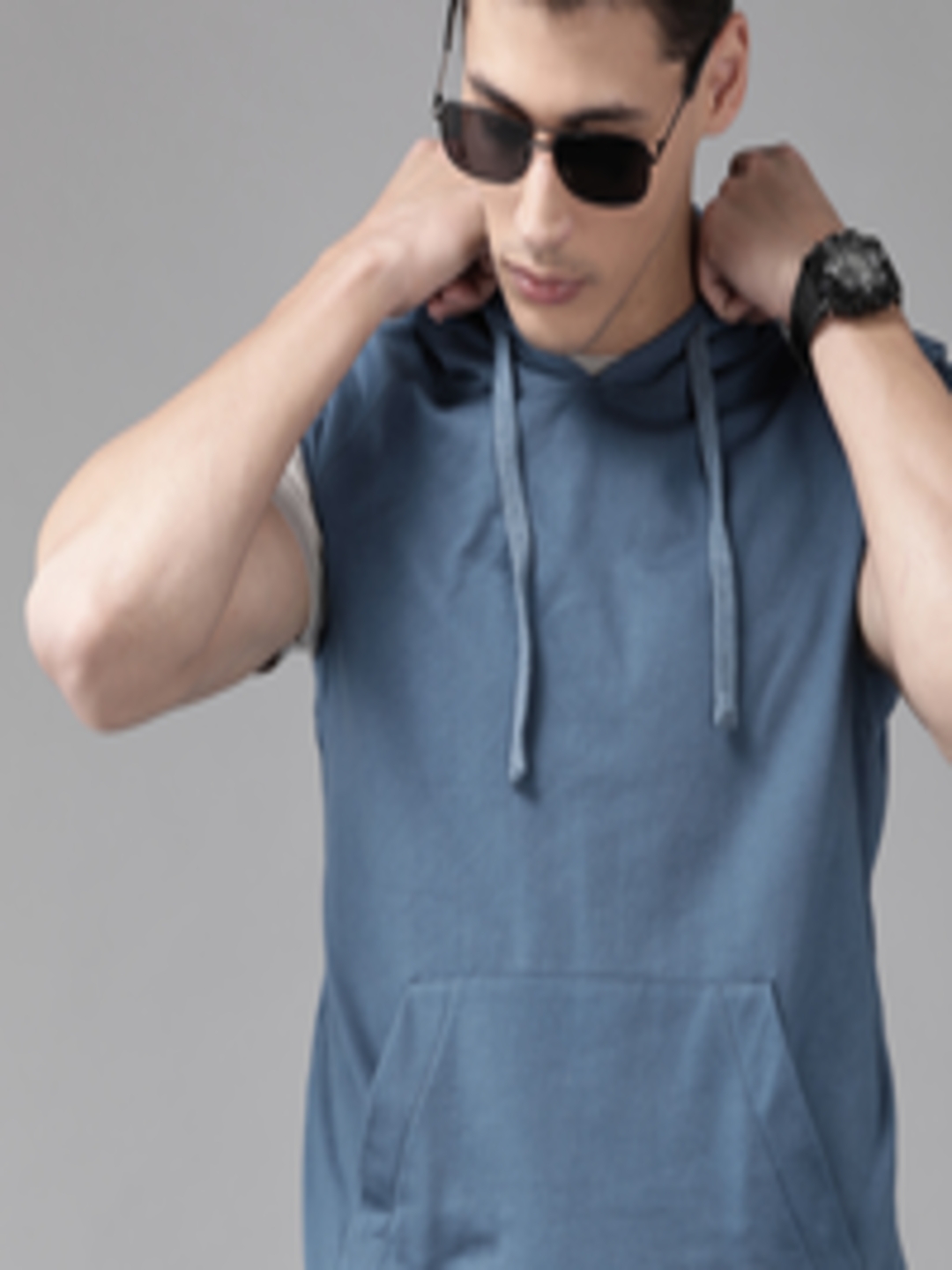 Buy Roadster Men Blue Solid Sleeveless Hooded Sweatshirt - Sweatshirts ...