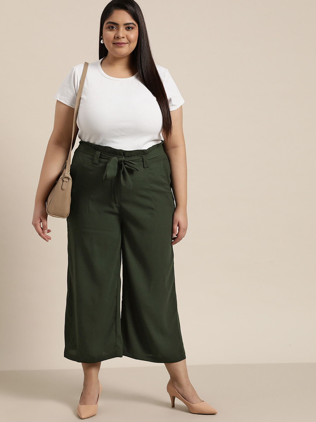 Buy Sztori Women Plus Size Olive Green High Rise Solid Paperbag Waist Parallel Trousers