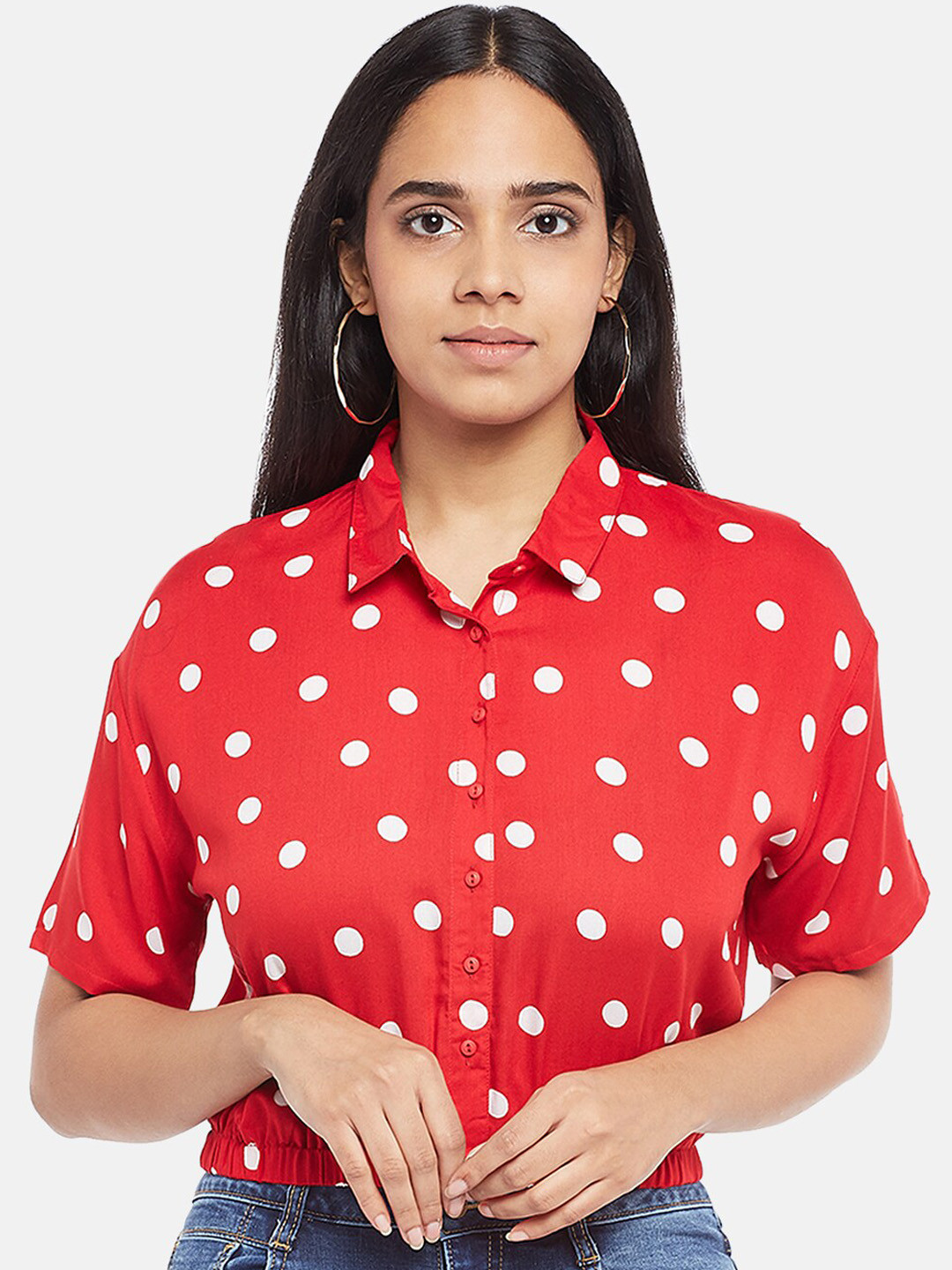 Buy People Women Red & White Polka Dot Printed Casual Crop Shirt