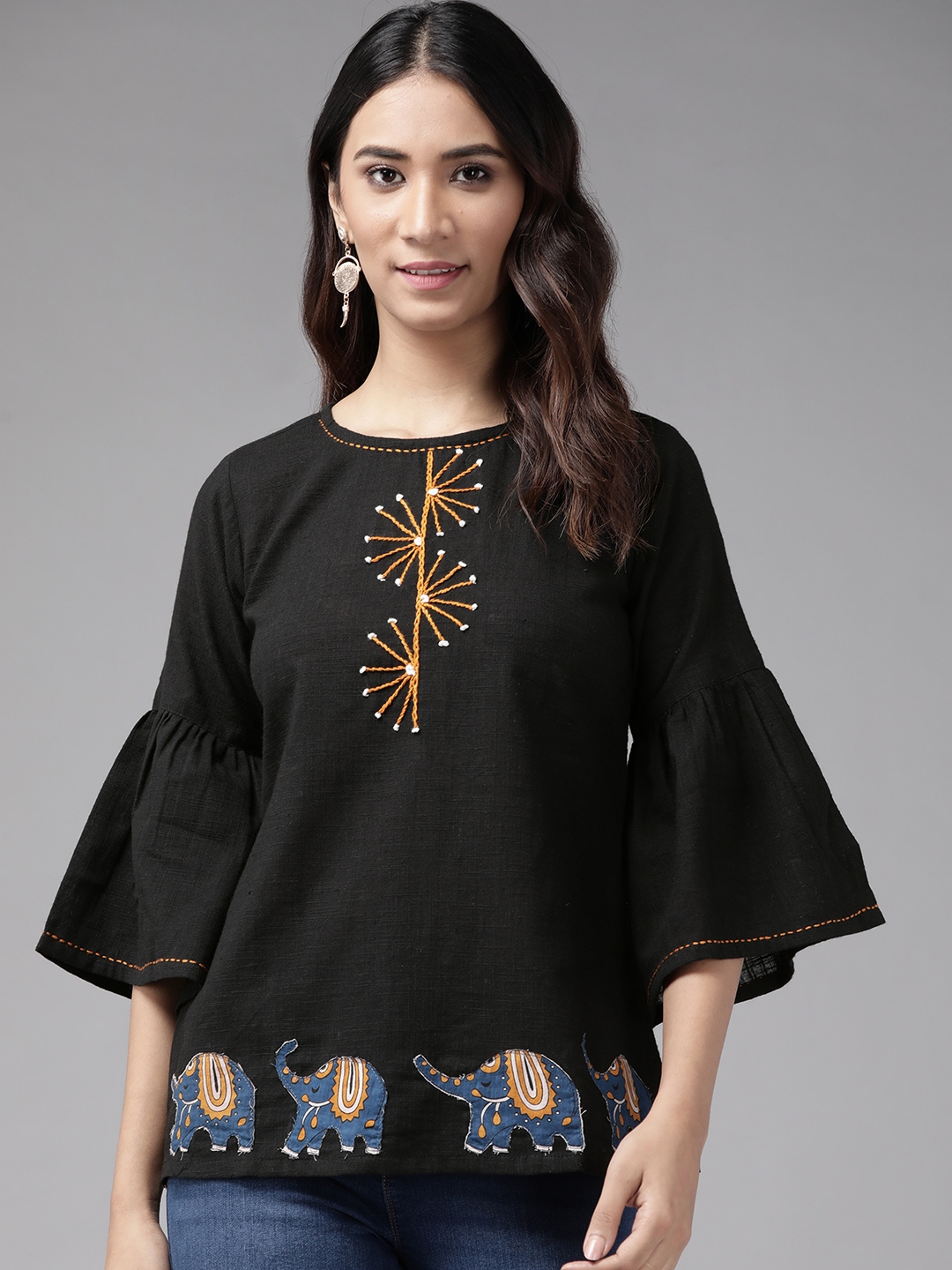 Buy YASH GALLERY Black & Mustard Yellow Embroidered Top With Applique ...