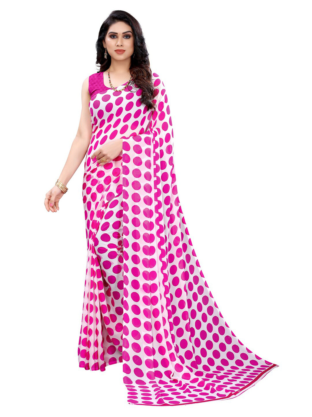 Buy KALINI Pink & White Polka Dot Printed Pure Saree Sarees