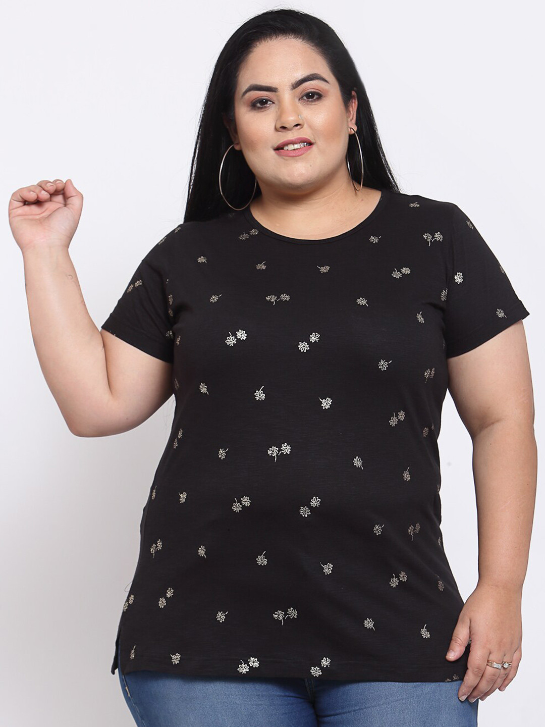 Women's Black Floral Print Casual T Shirt