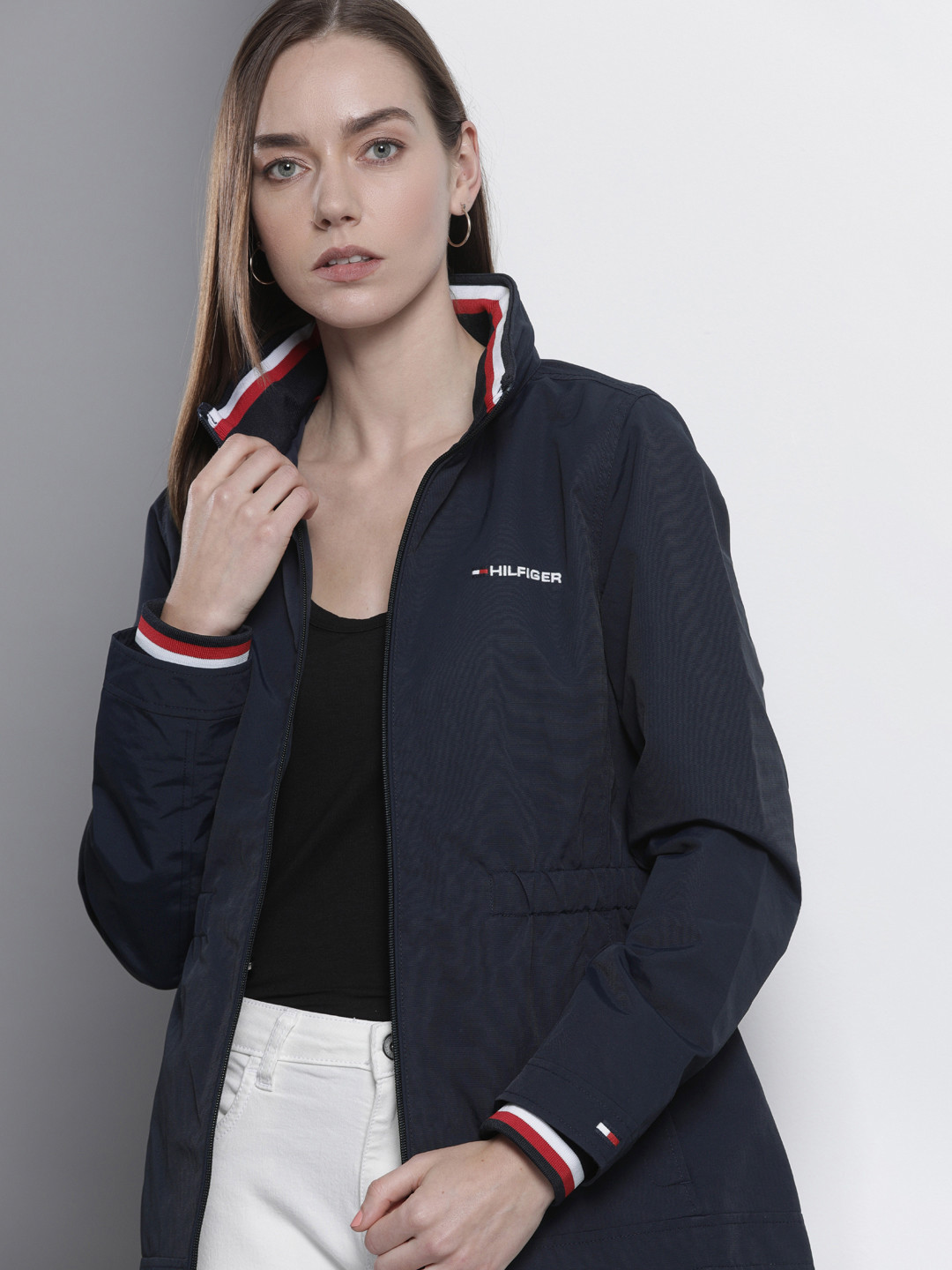 Buy Tommy Hilfiger Women Navy Blue Solid Open Front Jacket Jackets