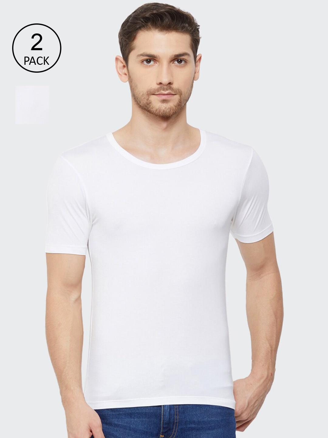 Buy Almo Wear Men Pack Of 2 White Solid Slim Fit Undershirt Innerwear
