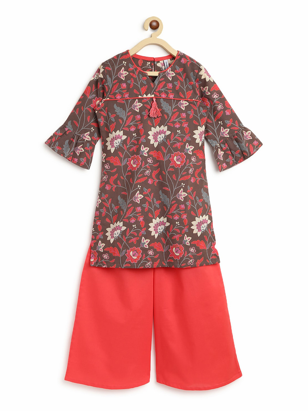 Campana Girls Revathi Cotton Kurti Pants Set - Block Print & Stripes - Yellow & Pink