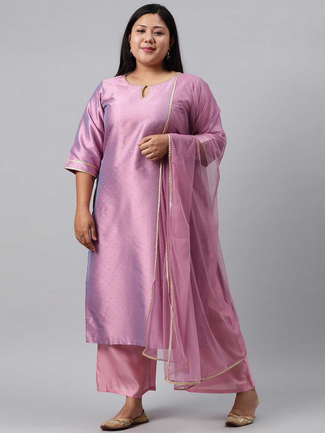 Plus Size Women Purple Printed Straight Kurta With Palazo & Dupatta