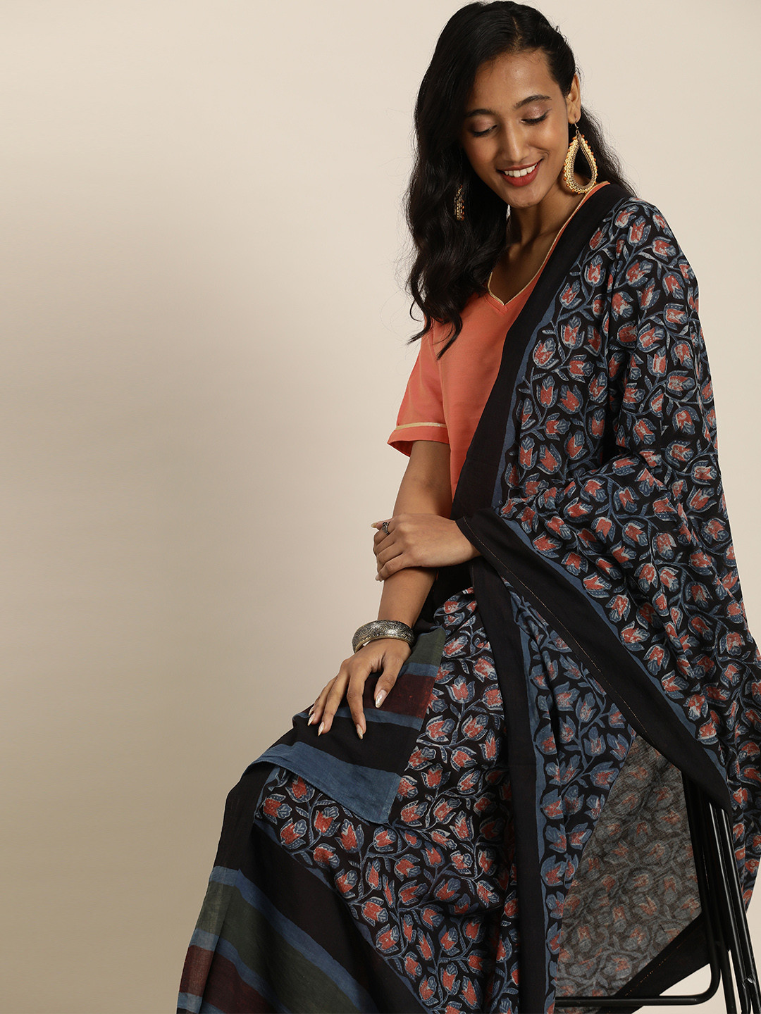 Buy Taavi Blue & Black Indigo Floral Printed Pure Cotton Dupatta