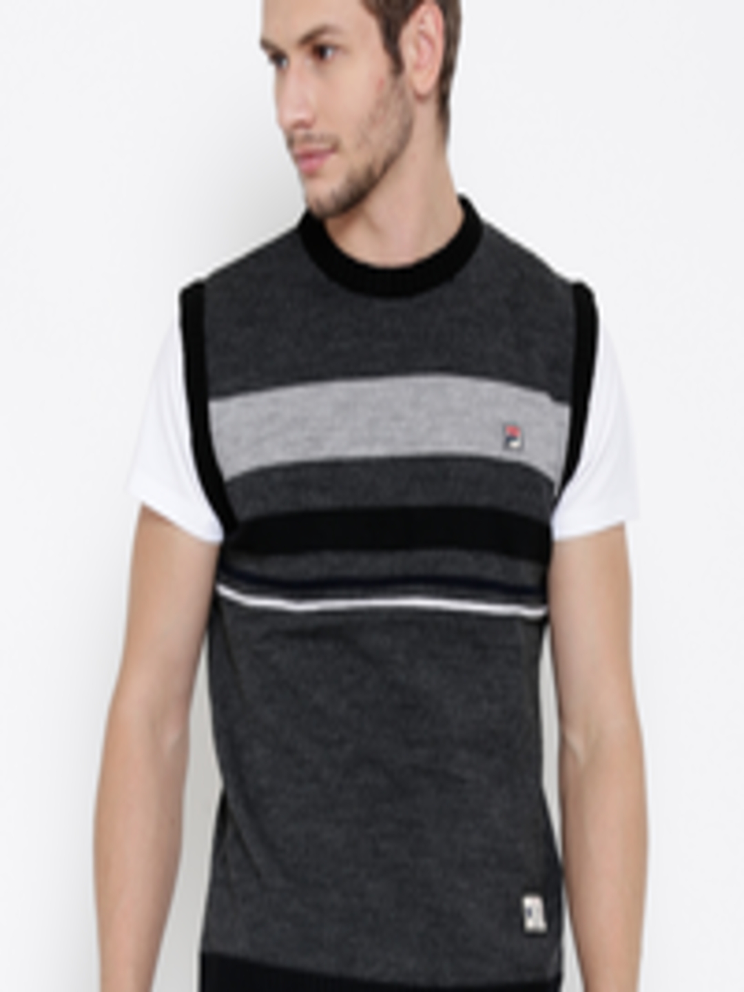 Buy FILA Men Charcoal Grey REEF Striped Sweater - Sweaters for Men ...