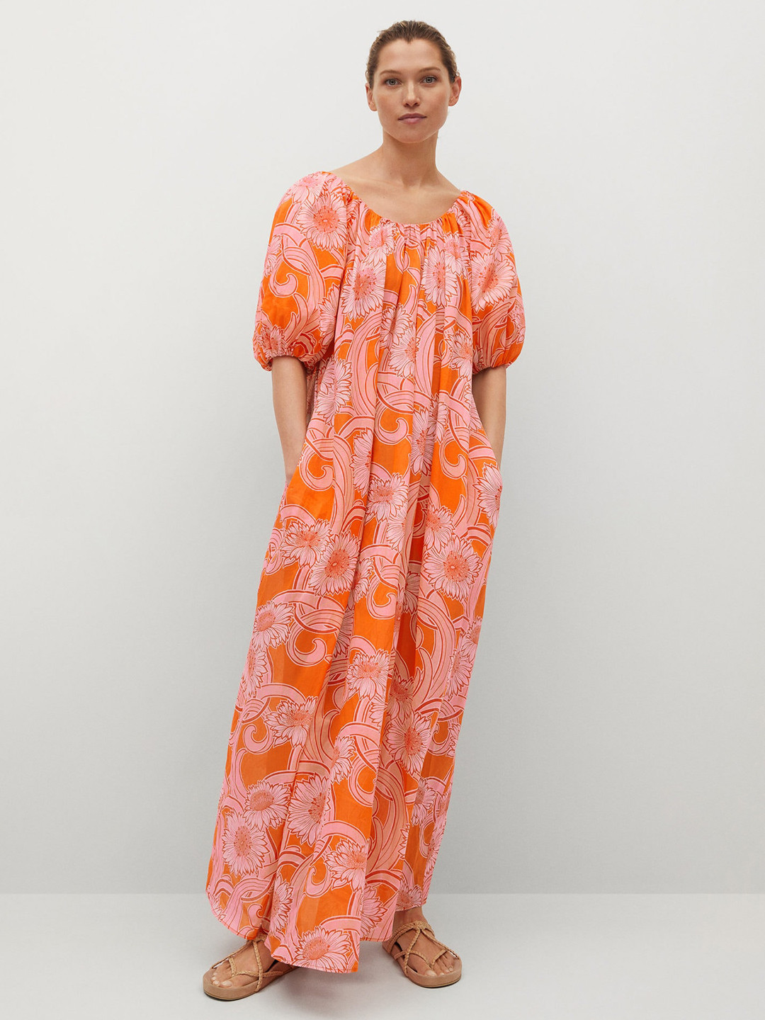 Buy MANGO Orange & White Floral Print Gathered Maxi Dress Dresses for Women 15035434 Myntra