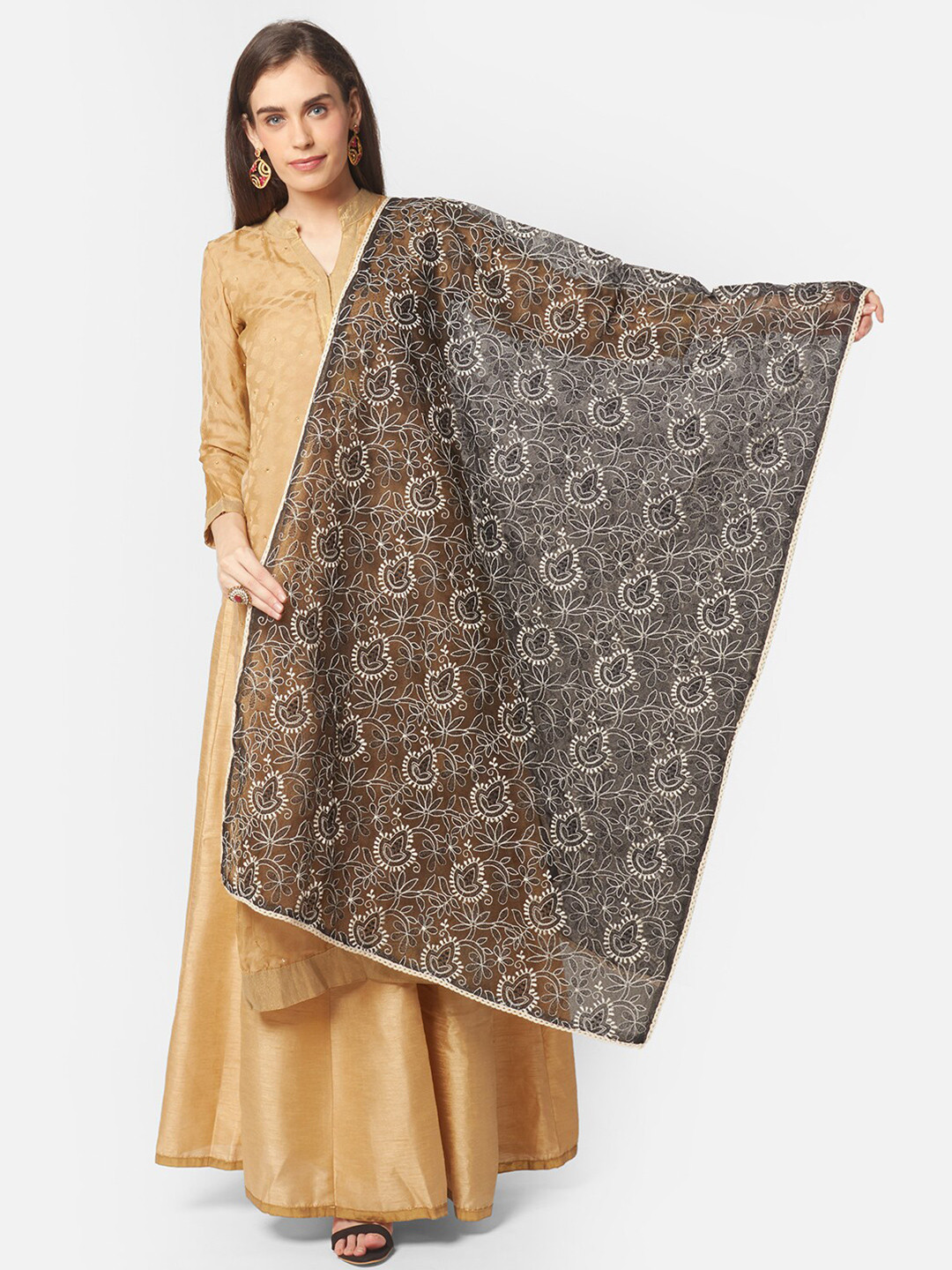 DUPATTA BAZAAR Women's Rani Pink Chiffon Dupatta with Tree Embroidery in Grey