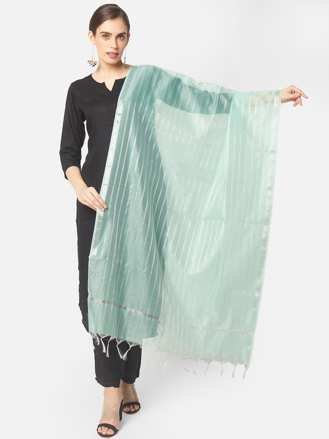 Buy Dupatta Bazaar Sea Green & Silver Toned Woven Design Dupatta