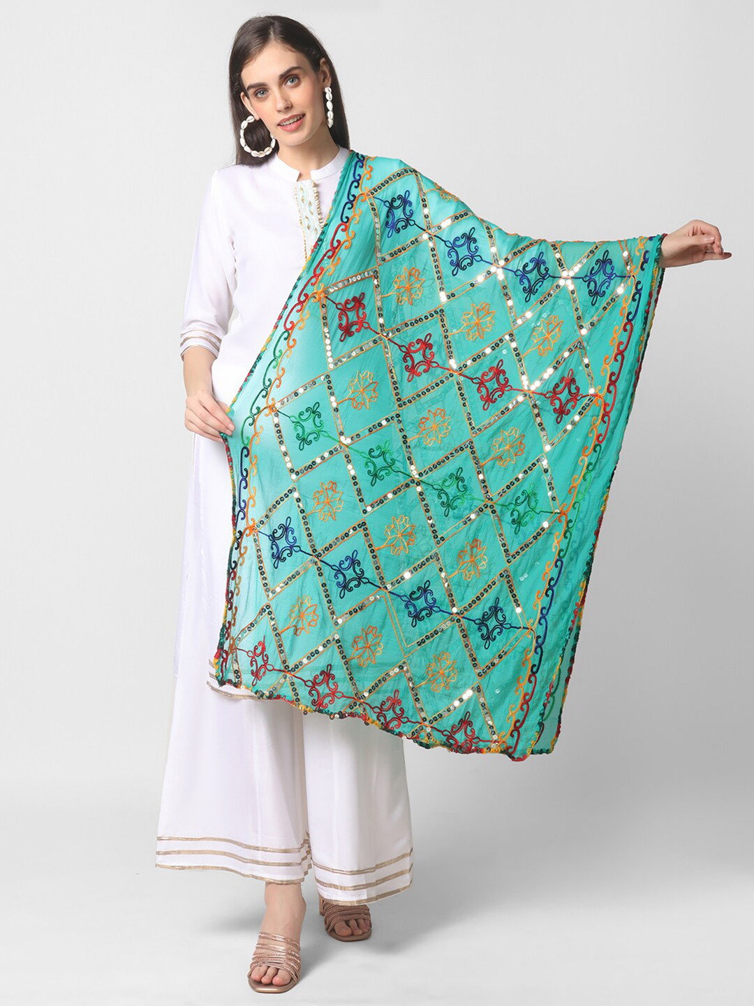 Buy Dupatta Bazaar Sea Green & Yellow Ethnic Motifs Embroidered Dupatta