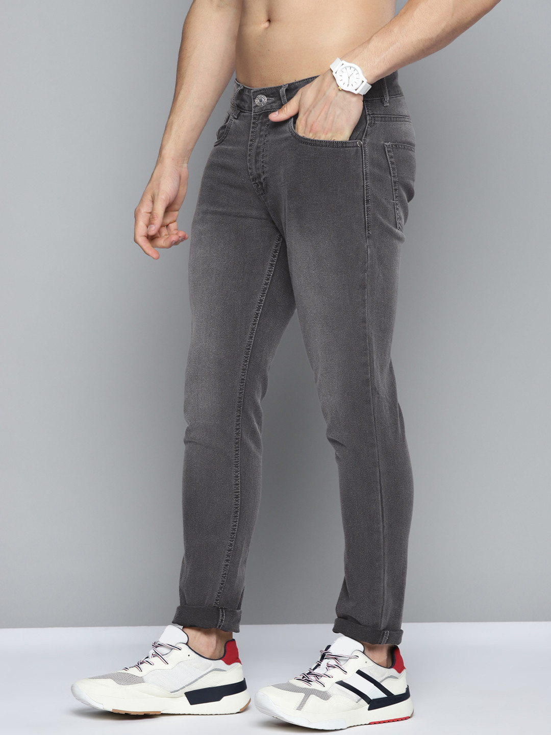 Buy Harvard Men Grey Slim Tapered Fit Light Fade Stretchable Jeans