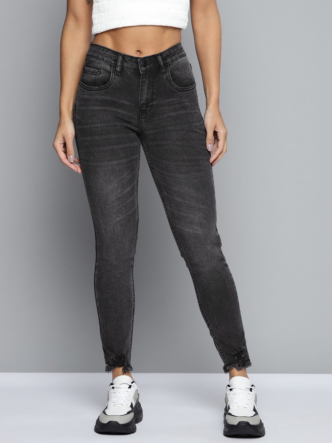 Buy Harvard Women Charcoal Grey Skinny Fit Low Distress Light Fade