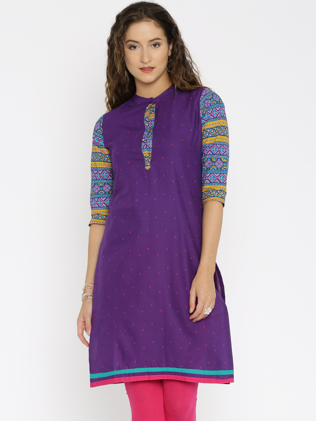 Women Purple Printed Cotton A-Line Kurta main image 1