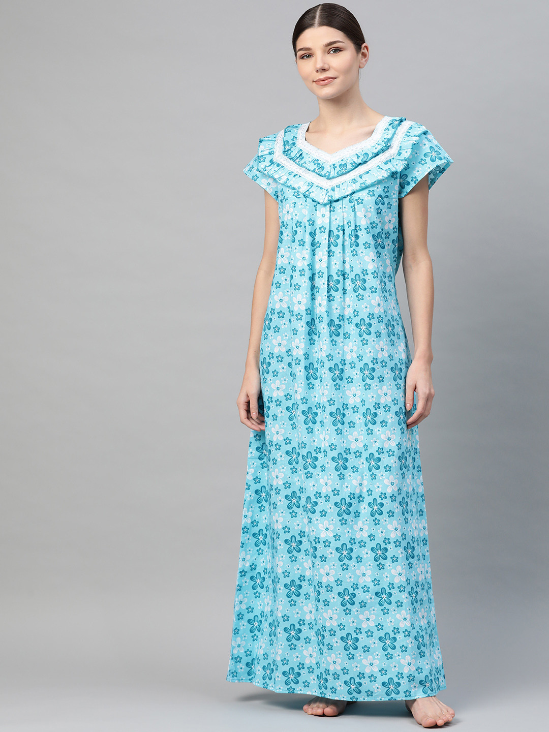 Buy Vemante Turquoise Blue Floral Printed Cotton Maxi Nightdress