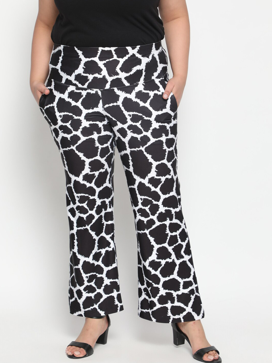 Buy Amydus Women Plus Size Black & White Printed Flare Pants Trousers
