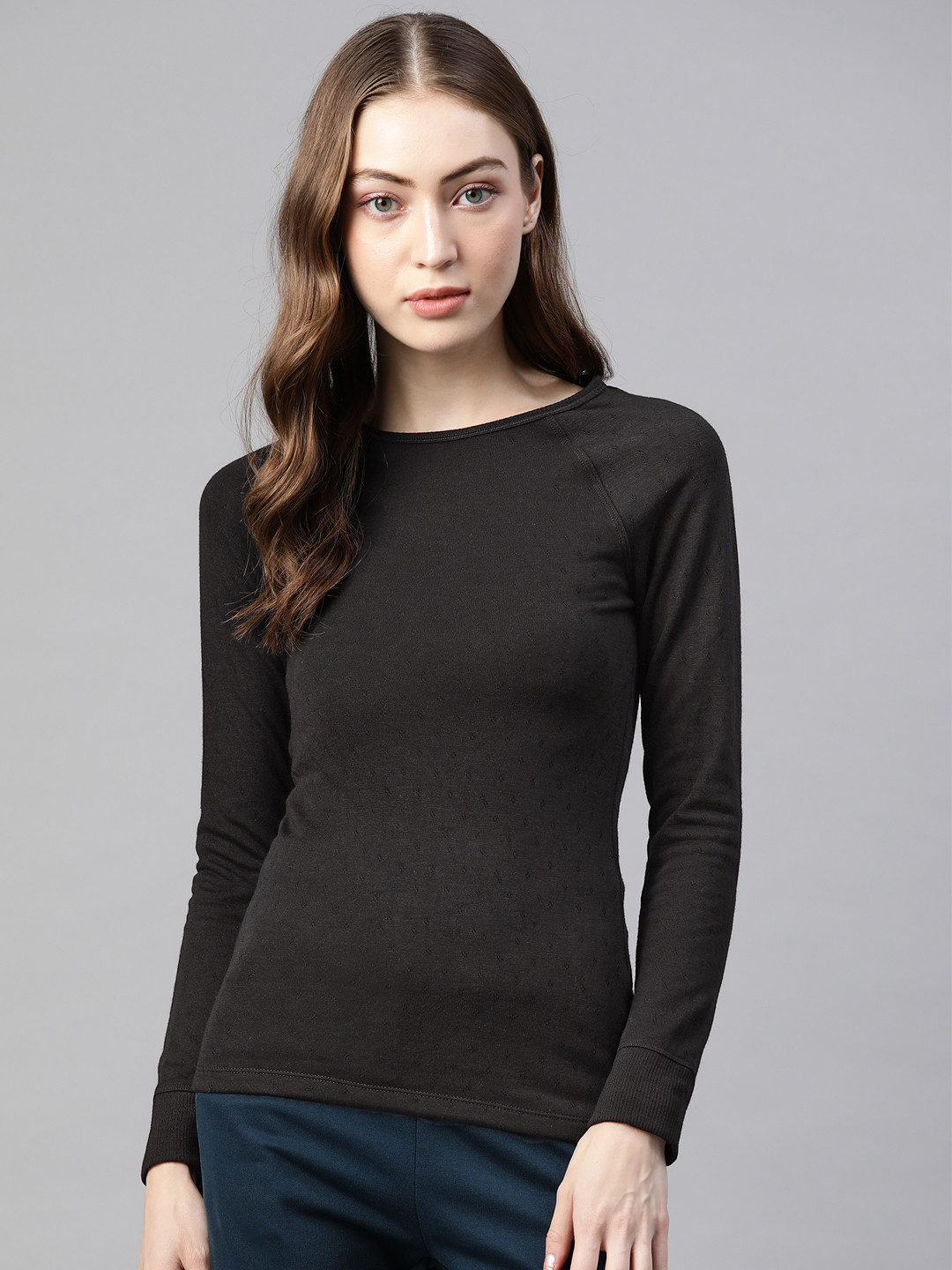 Buy Marks & Spencer Women Black Self Design Knitted Thermal Top