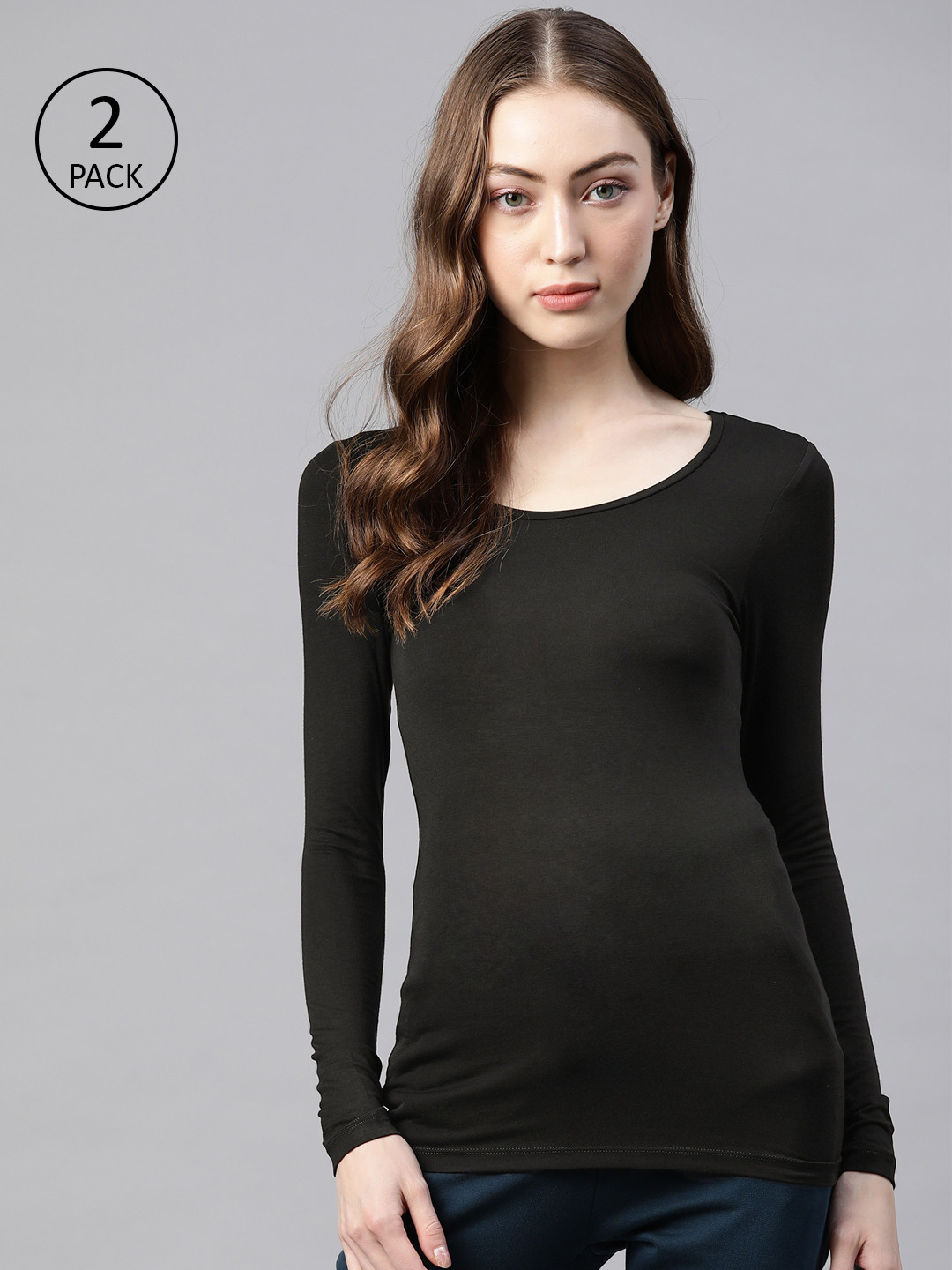 Buy Marks & Spencer Women Pack Of 2 Black Solid Knitted Thermal Top