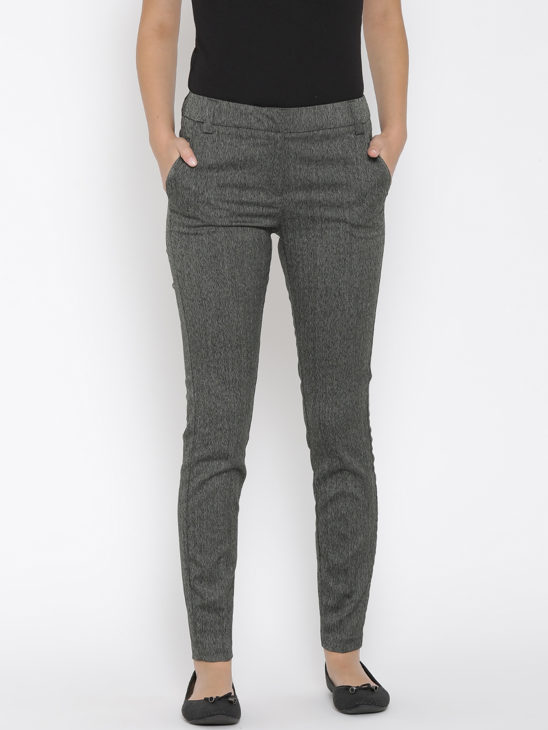 Buy Vero Moda Women Charcoal Grey Self Design Flat Front