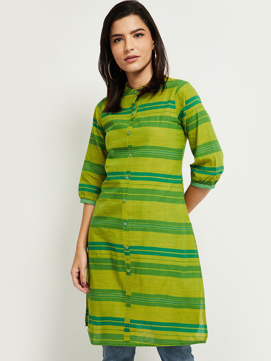 MIMOSA Women's Cotton Green Striped Straight Kurta - Round Neck, 3/4 Sleeves | Casual Indian Wear - View #6