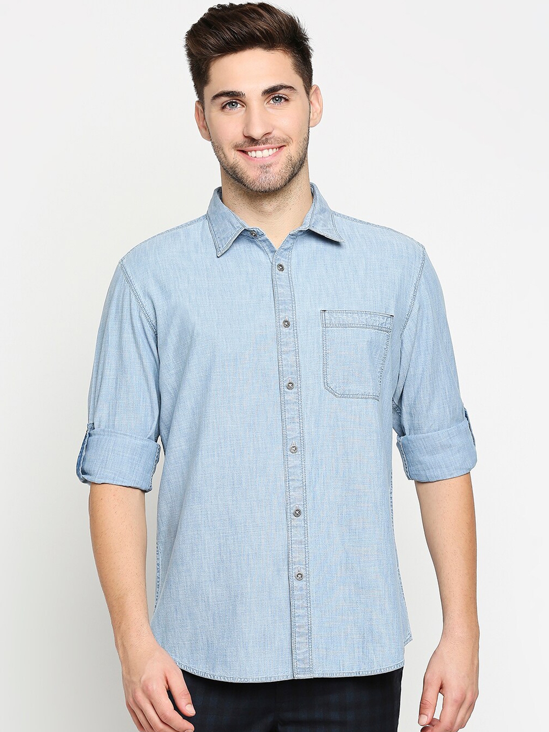 Buy Basics Men Blue Pure Cotton Solid Slim Fit Casual Shirt - Shirts ...