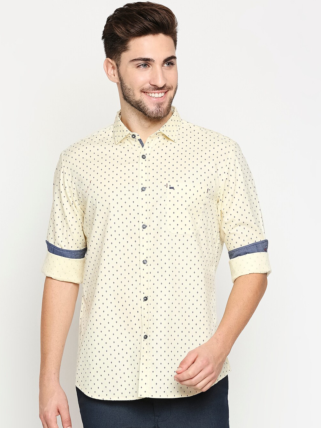 Buy Basics Men Yellow Pure Cotton Slim Fit Printed Casual Shirt ...