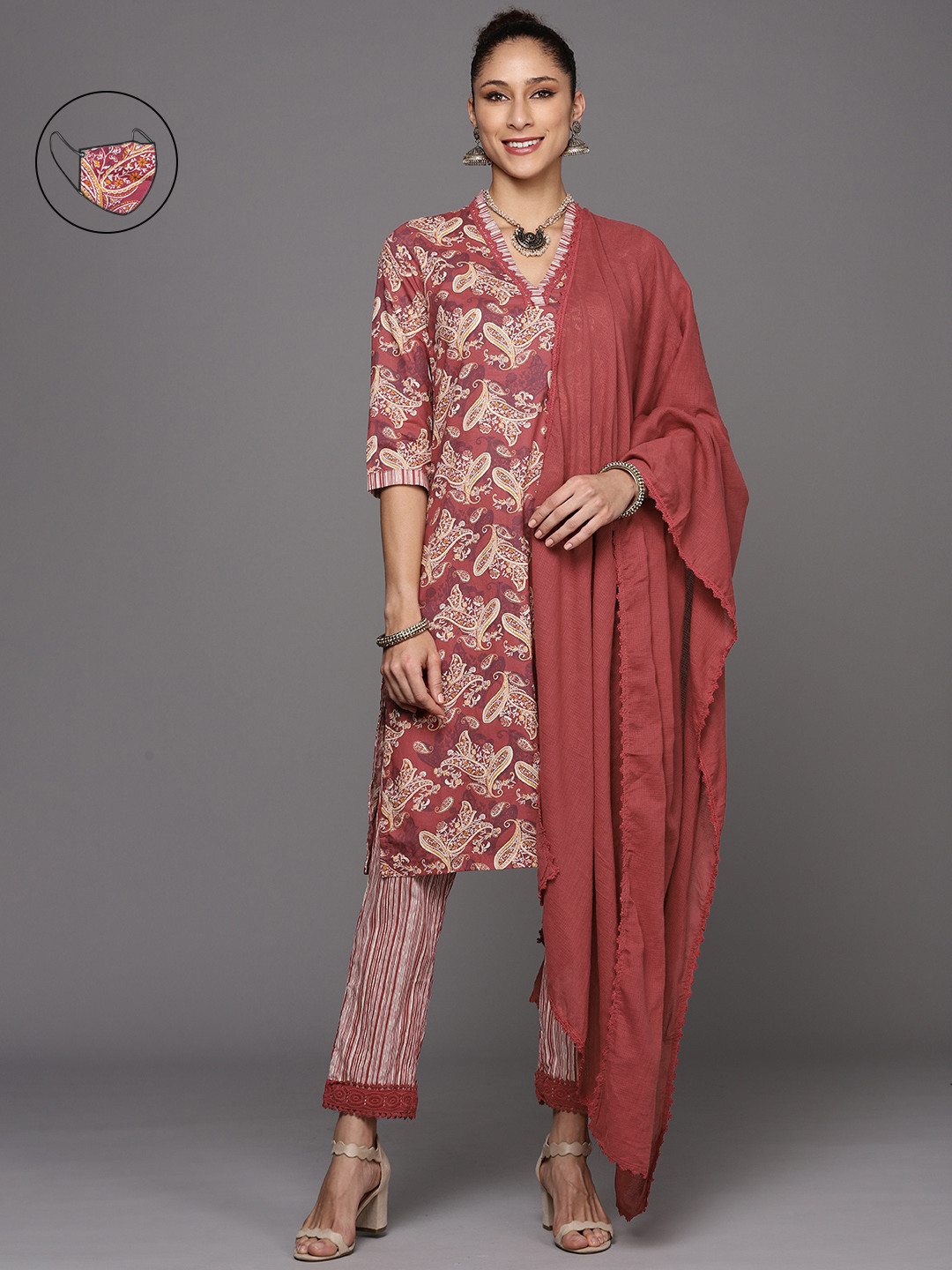 Buy Biba Women Red & Off White Paisley Print Pure Cotton Kurta Set With