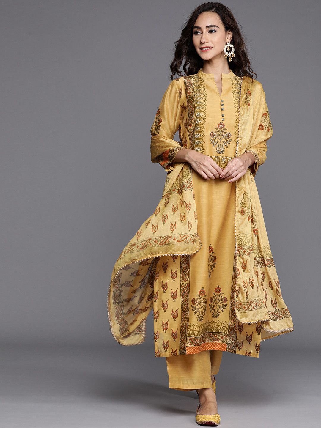 Buy Libas Women Mustard Yellow Chanderi Silk Ethnic Motifs Print Kurta