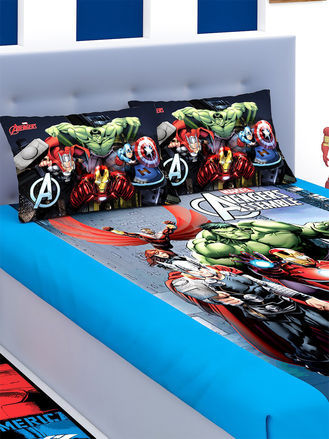 Buy Marvel Blue & Black Cartoon Characters 180 TC King Bedsheet With 2