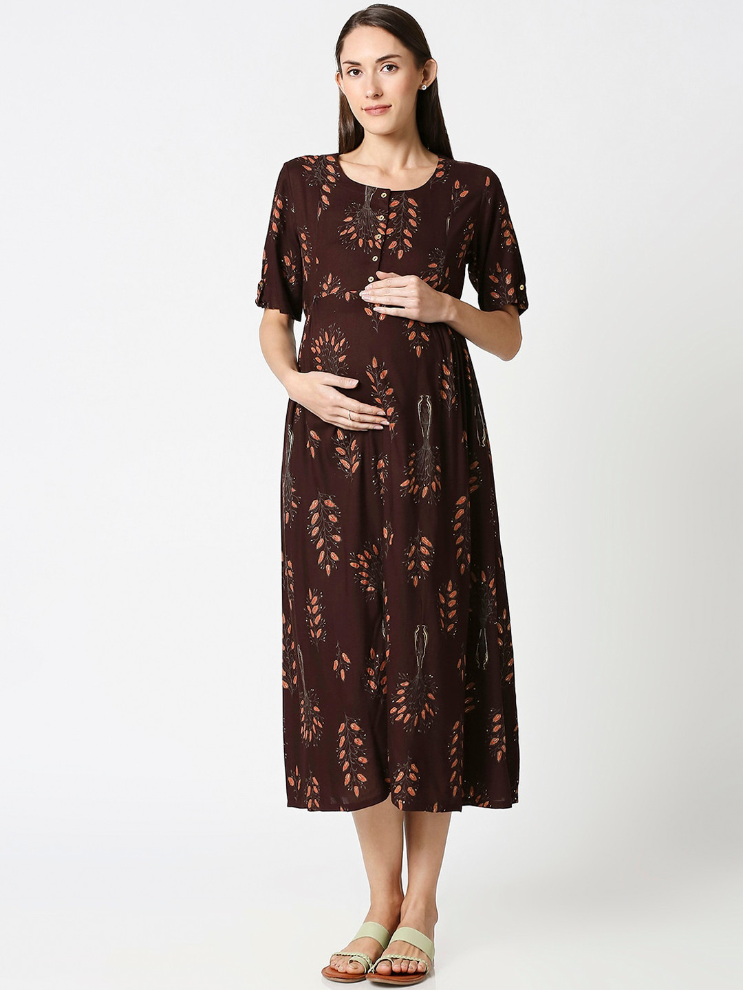 Brown Floral Maternity Midi Dress main image 0