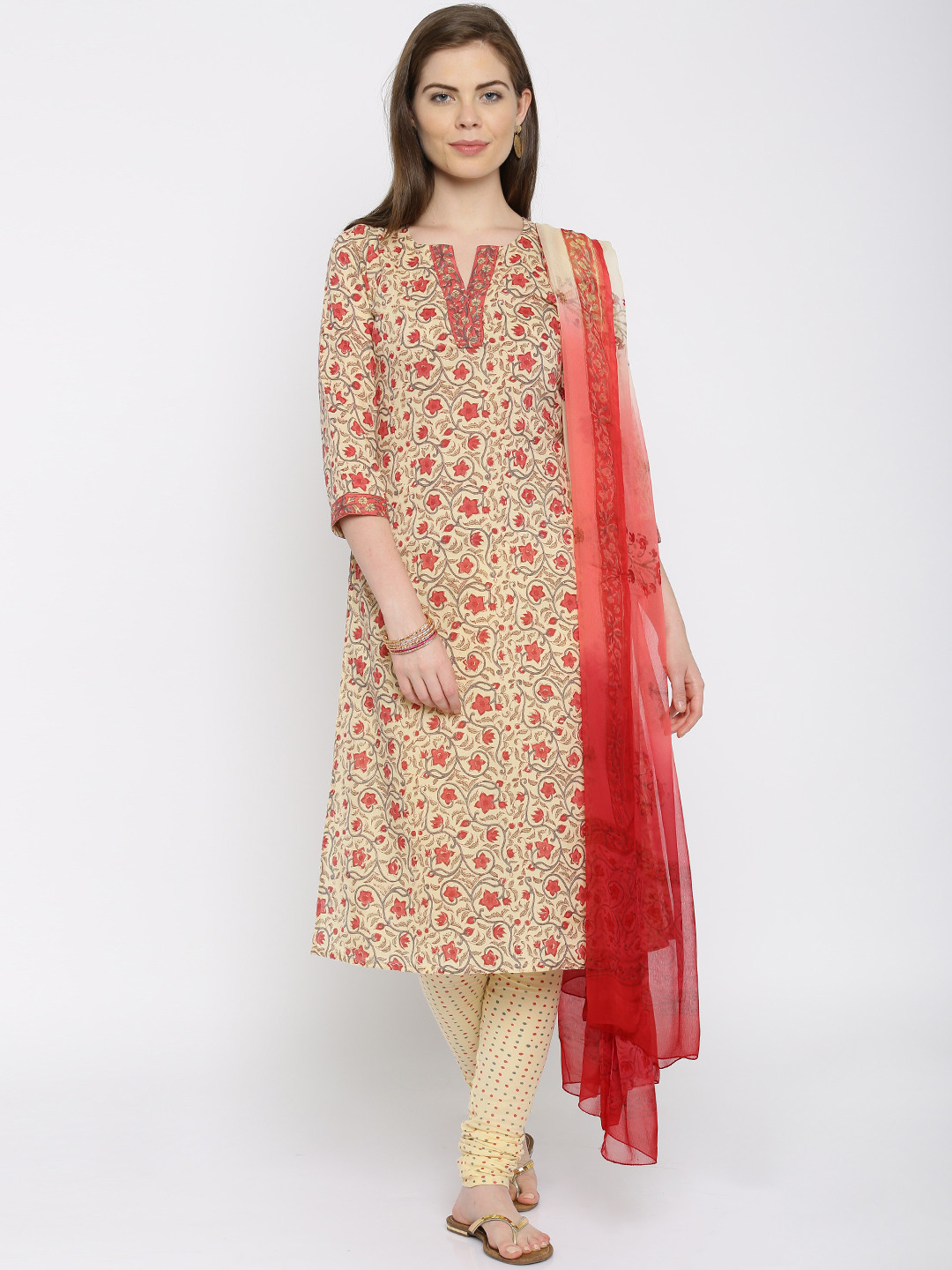 Buy Kilol Red & Beige Hand Block Print Unstitched Terry Voil Dress Material Dress Material for