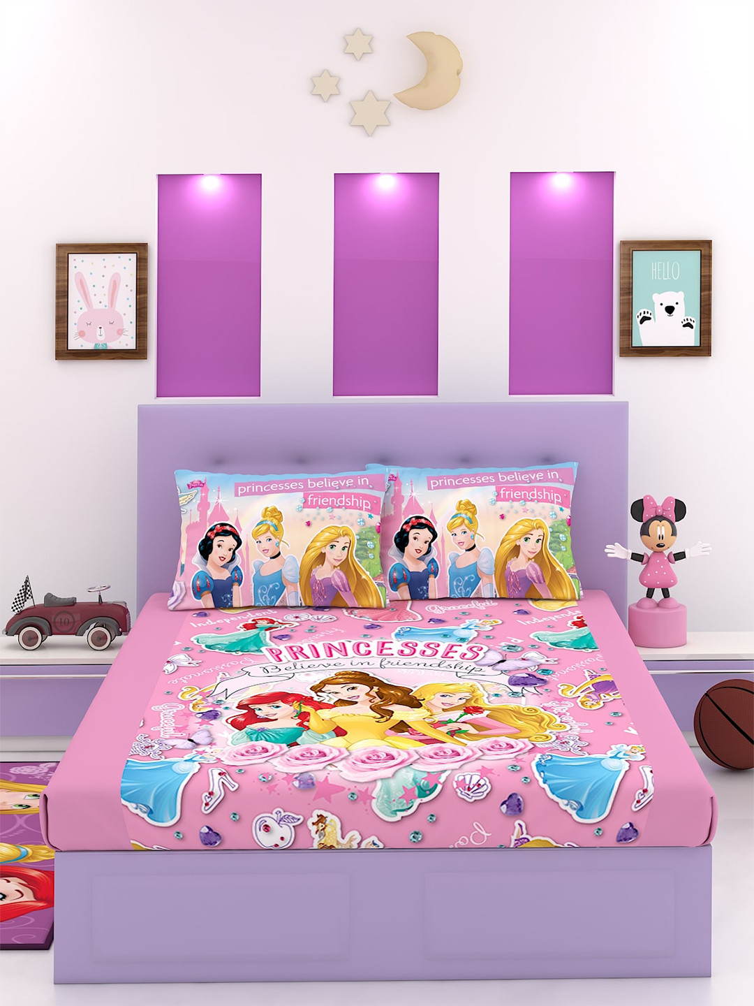 Buy Disney Kids Pink & Gold Princess 180 TC Cotton Double King Bedsheet With 2 Pillow Covers ...