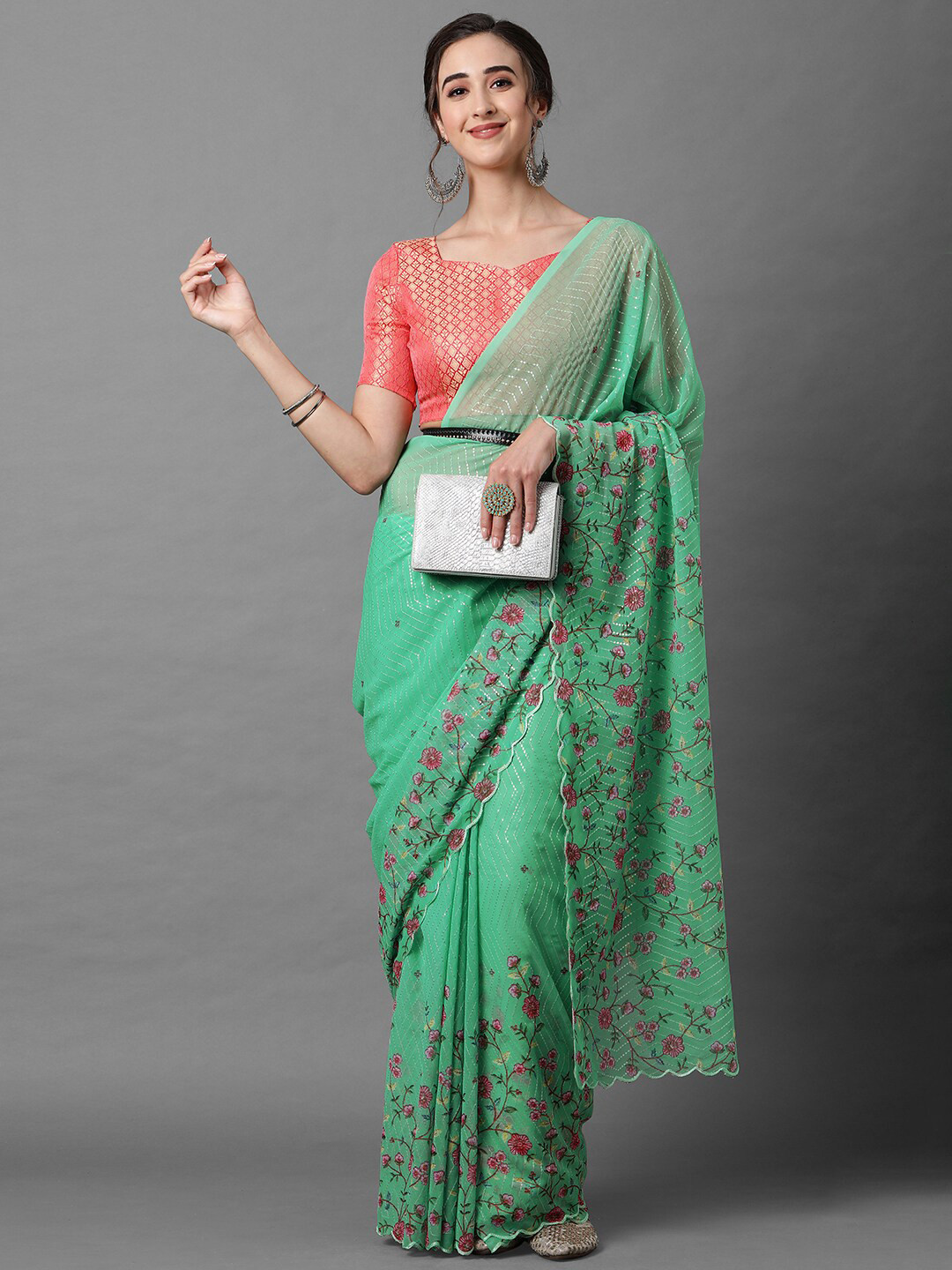 Floral Sequinned Poly Georgette Saree